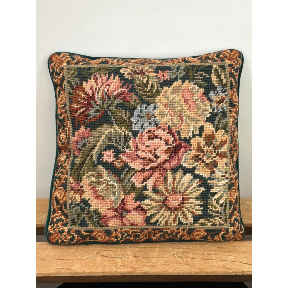 Vintage Floral Needlepoint Wool Throw Pillow Teal Velvet Back 12x12 Boho Decor